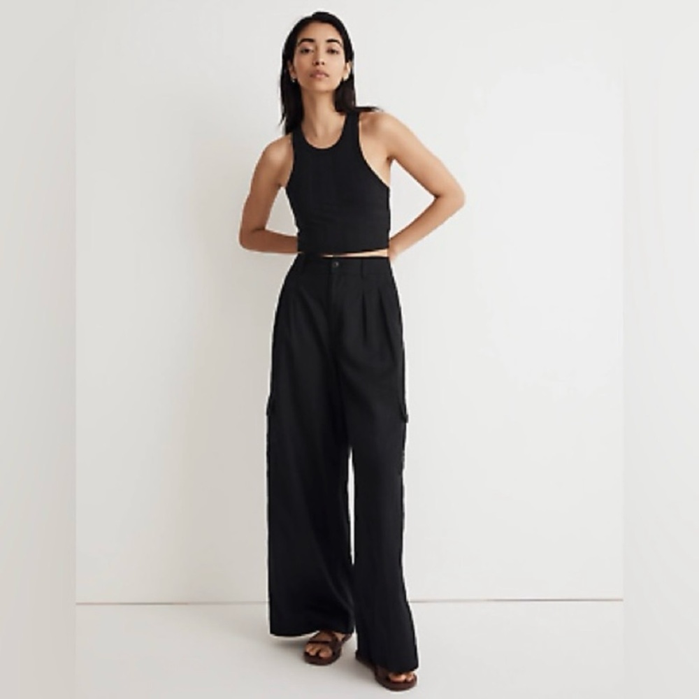 MADEWELL Wide Leg High Rise Linen Blend Cargo Pants in Black Size 6
